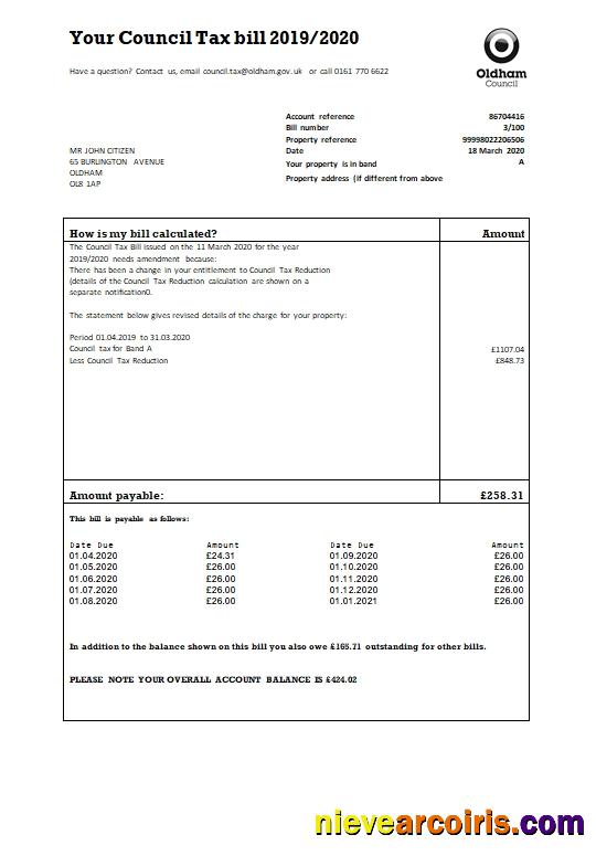 United Kingdom Oldham council tax bill